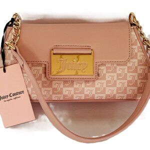Juicy Couture Pink Logo Print Shoulder Bag with Gold Plate Detail